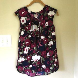 Merona Tie-Neck Printed Sleeveless Blouse, Burgundy Floral, Size XS